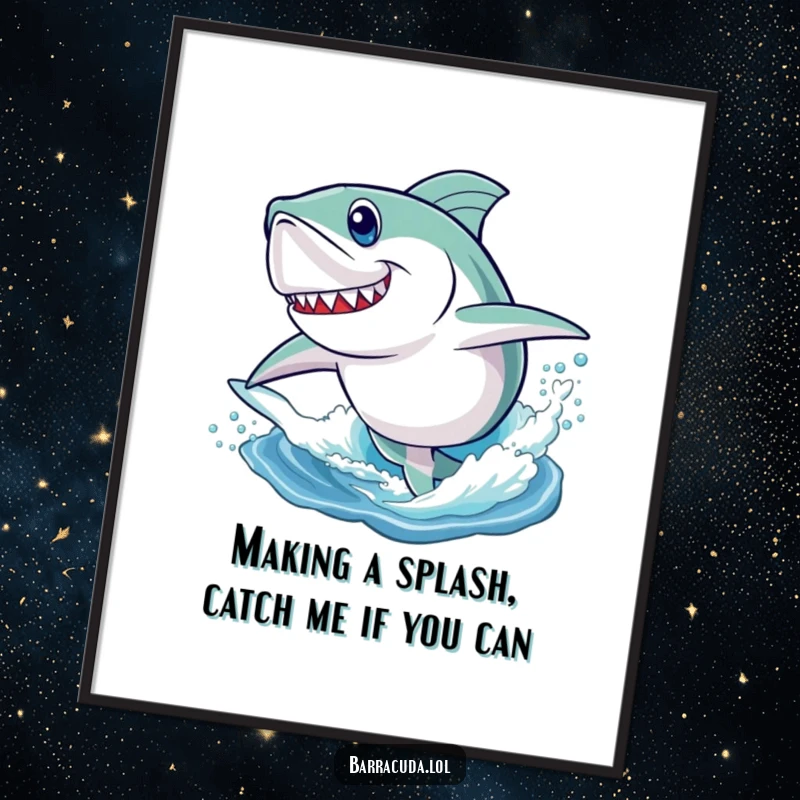 Funny Free Printable Wall Art: Barracuda with a determined expression leaping playfully high out of the water.