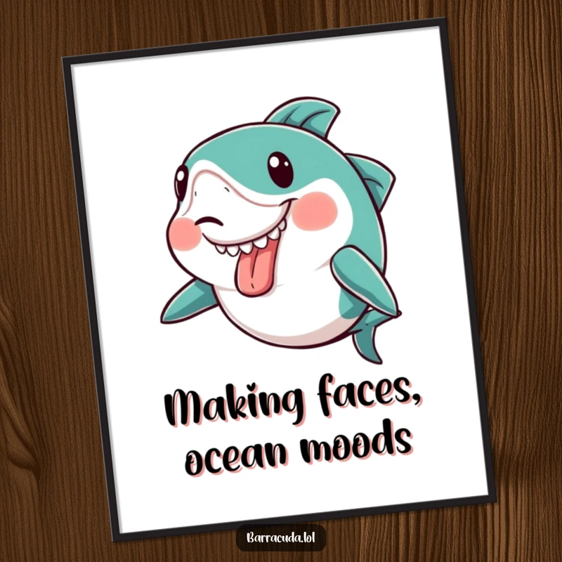 Funny free printable wall art of a kawaii barracuda sticking its tongue out in a comical grimace, perfect for decorating.