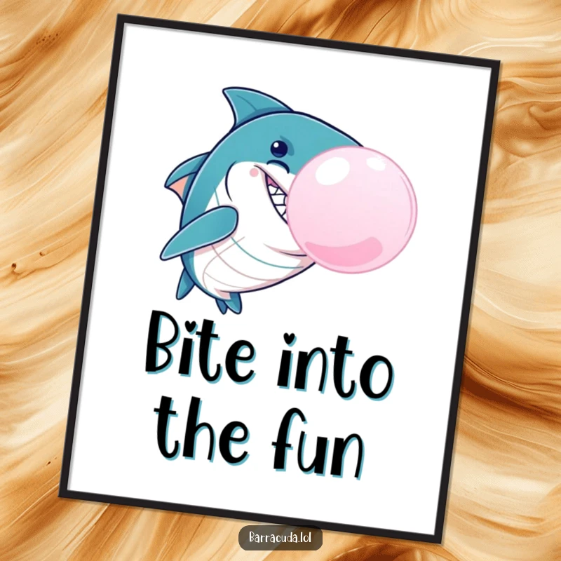 Quirky free printable wall art of a barracuda with a mischievous grin blowing a massive, clear bubblegum bubble.