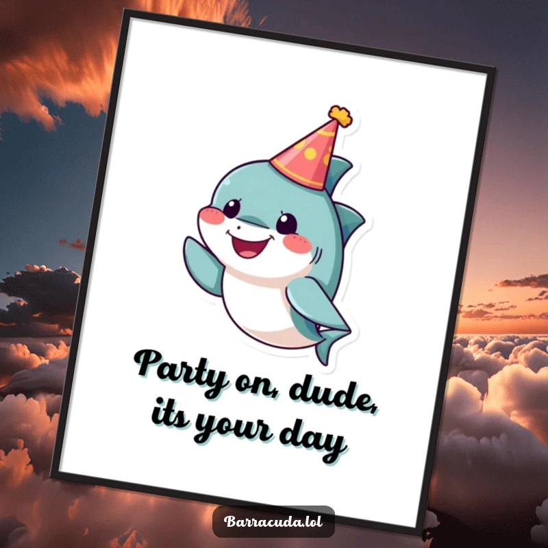 Funny Free Printable Wall Art: A small, cheerful barracuda wearing a tiny party hat, ready to party on your wall.