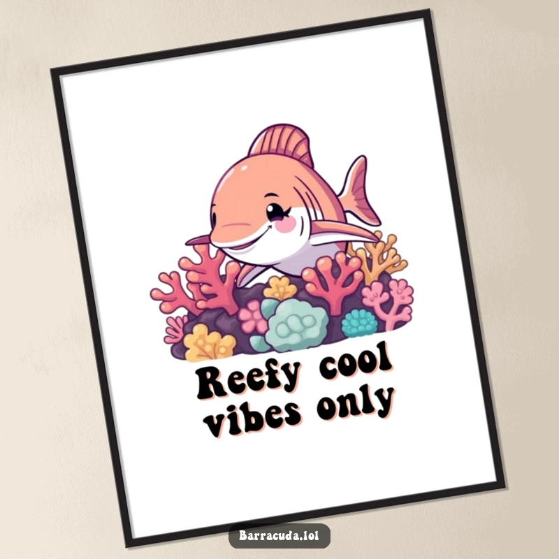 Funny Free Printable Barracuda Wall Art, a barracuda playfully winking from a coral reef, perfect for unique DIY decor.