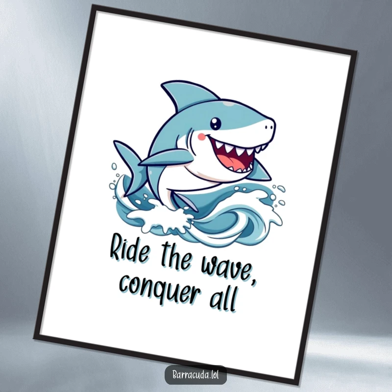 Funny Free Printable Wall Art: A happy, kawaii barracuda character zipping energetically through vibrant, stylized ocean waves.