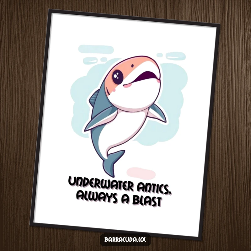 Funny Free Printable Wall Art: Kawaii Barracuda Doing a Spirited Flip Underwater, Adding Dynamic Energy