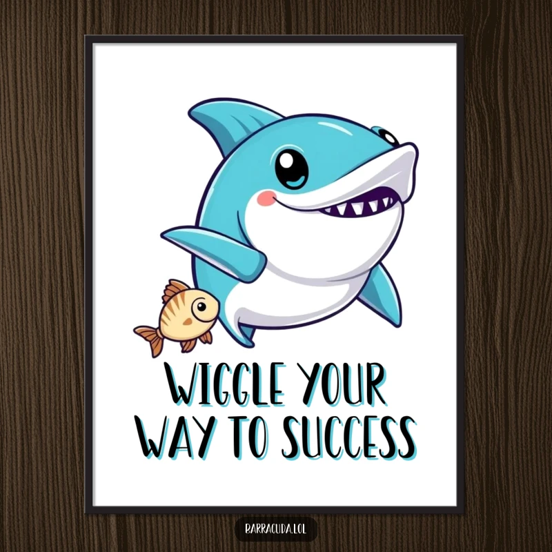 Funny Free Printable Wall Art of a kawaii barracuda doing a joyful victory wiggle after catching a small fish.