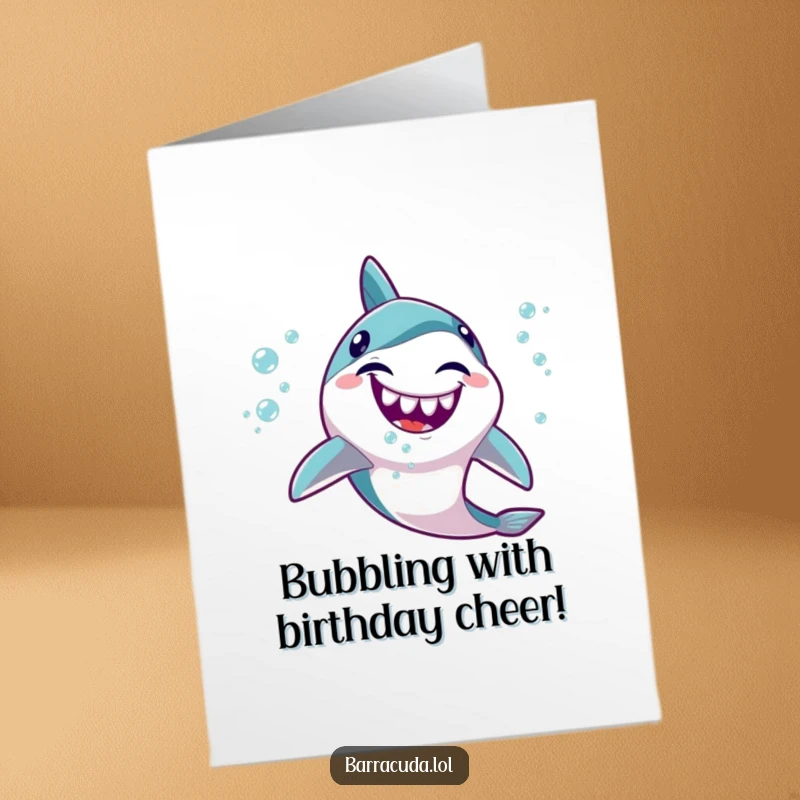 Funny Free Printable Birthday Card: A kawaii barracuda giggles while spitting a stream of small, happy bubbles.