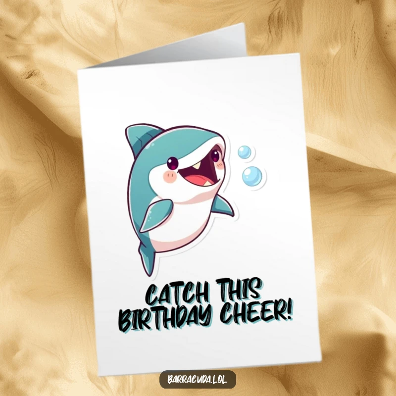 Funny Free Printable Birthday Card: Playful barracuda character gleefully pursuing a tiny bubble, conveying birthday joy.