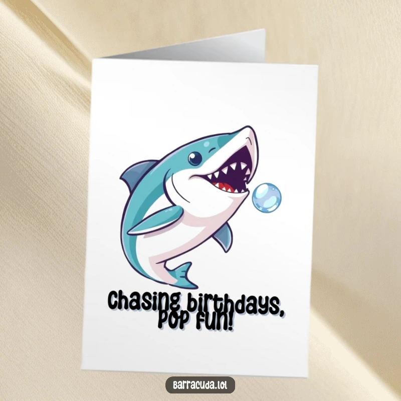 Funny Free Printable Birthday Card: A barracuda playfully chases a tiny, sparkling bubble with focused excitement.
