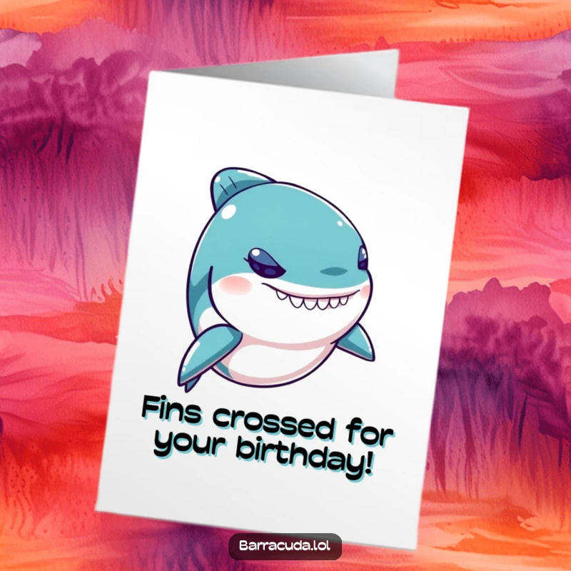 Funny Free Printable Birthday Card: Mischievous Kawaii Barracuda Grinning Wide, Ready to Celebrate with a Splash