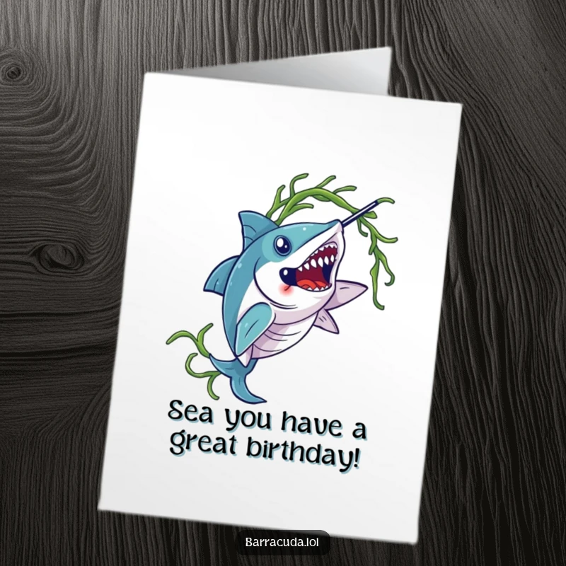 Funny Free Printable Barracuda Birthday Card: An elegant fish gracefully twirling seaweed, wishing a happy birthday.