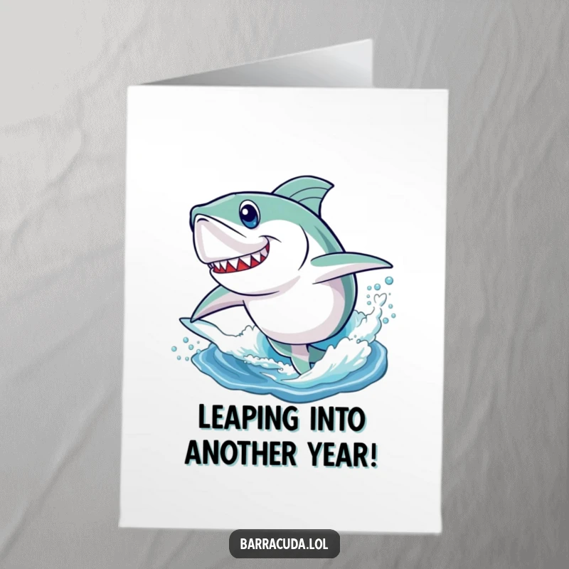 Funny Free Printable Birthday Card: Determined barracuda leaping playfully out of the water with a big splash.