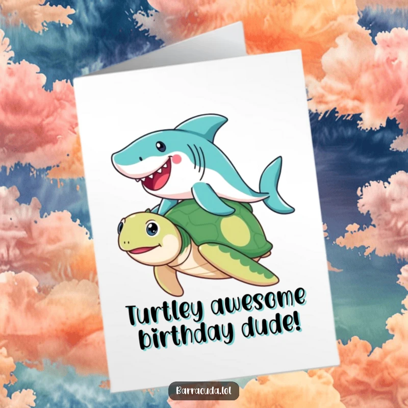 Funny Free Printable Birthday Card: Barracuda joyfully surfs on a happy sea turtle, spreading birthday cheer.