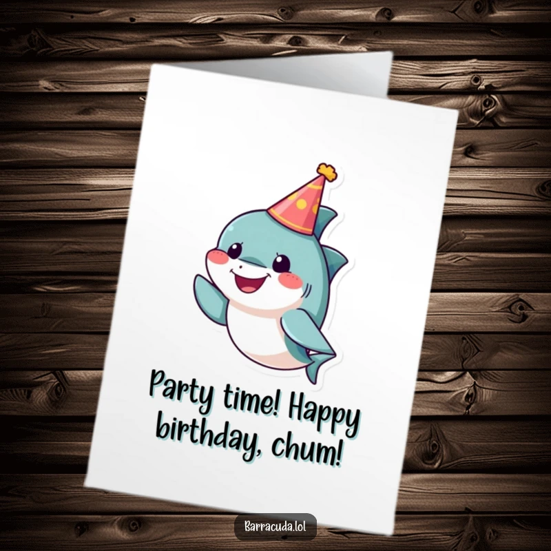Funny Free Printable Birthday Card: A small, cheerful barracuda wearing a tiny party hat, ready for birthday fun.