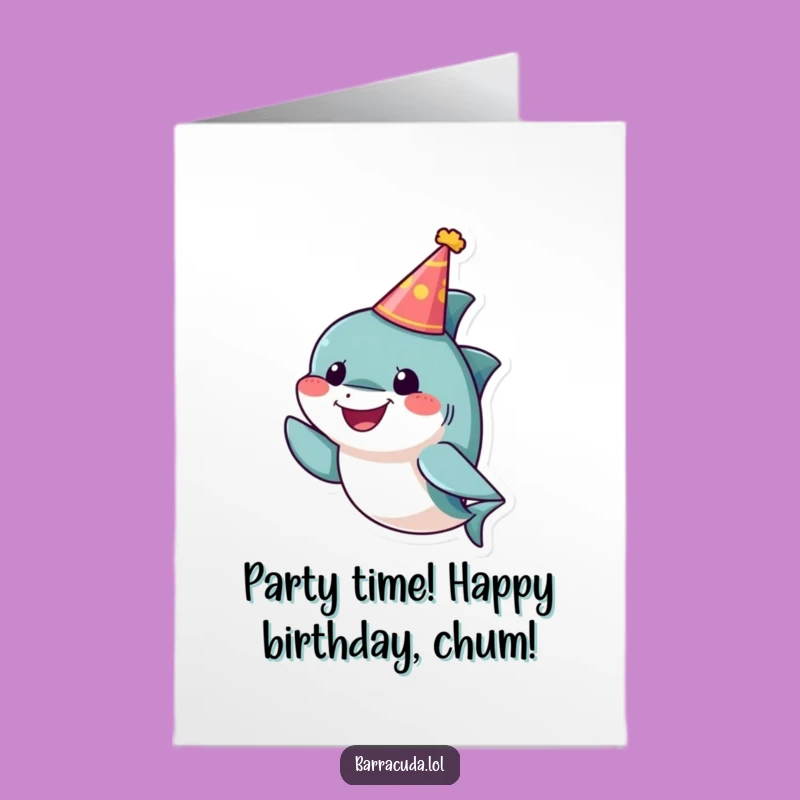 Free Printable Birthday Card: Cheerful Little Barracuda with Party Hat, Downloadable Fun