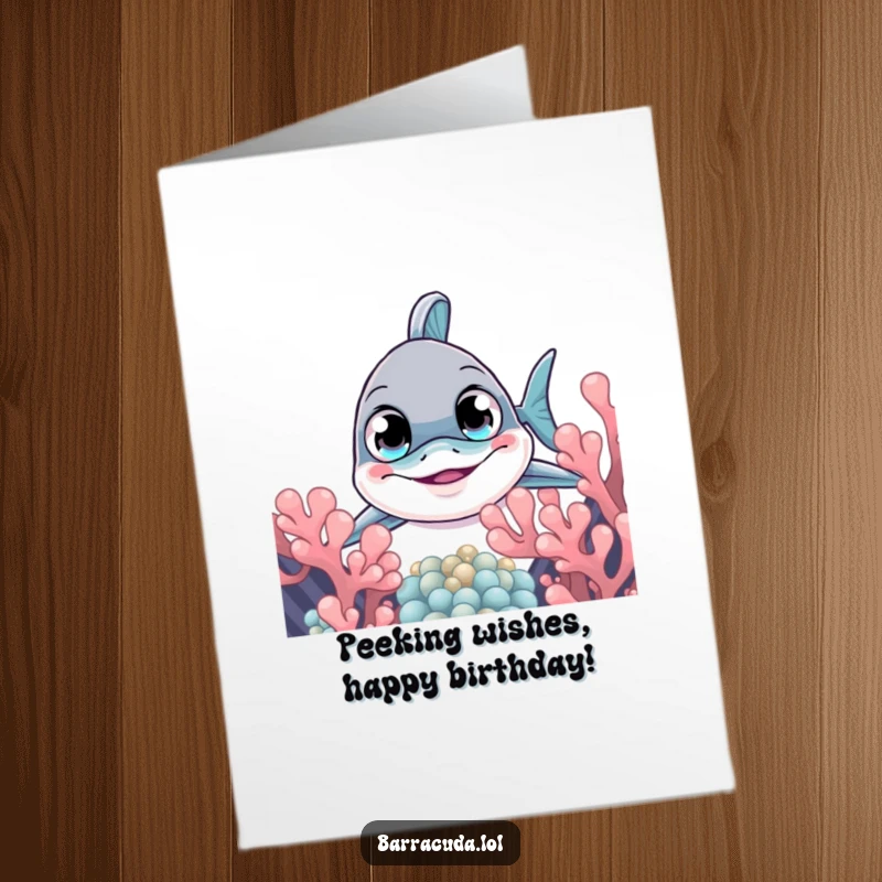 Funny Free Printable Birthday Card: A barracuda with large, curious eyes peeks playfully from behind colorful coral.
