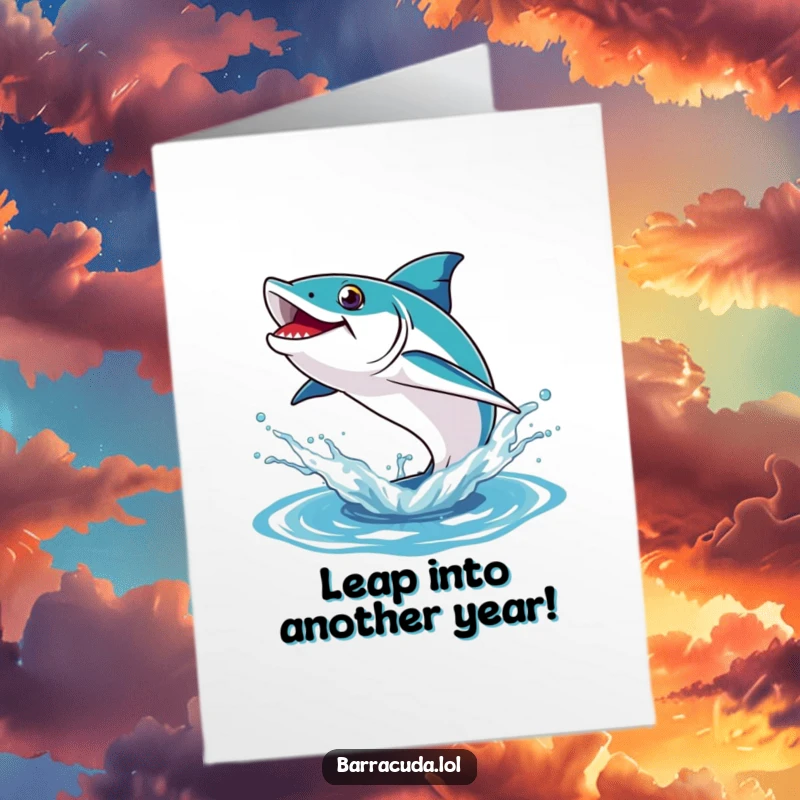 Funny Free Printable Birthday Card: Barracuda joyfully leaping out of a dynamic water splash, celebrating with energy.