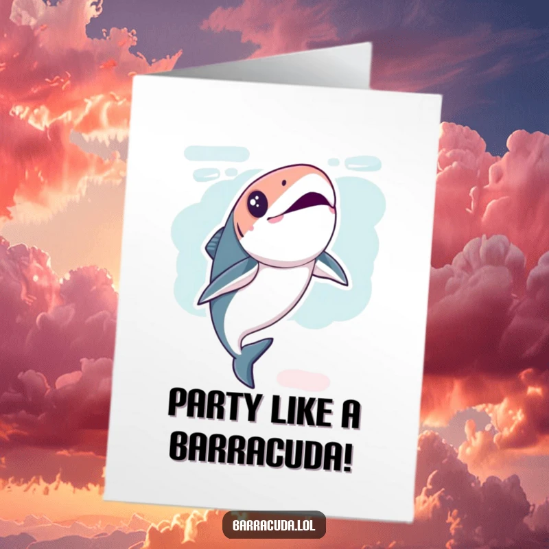 Funny Free Printable Birthday Card: Kawaii Barracuda Doing a Joyful Flip Underwater, Celebrating with Enthusiasm