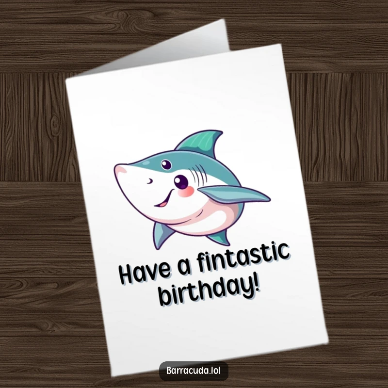 Free Printable Birthday Card: A cheerful barracuda with a wide grin gives a friendly wave with its impressive tail fin.