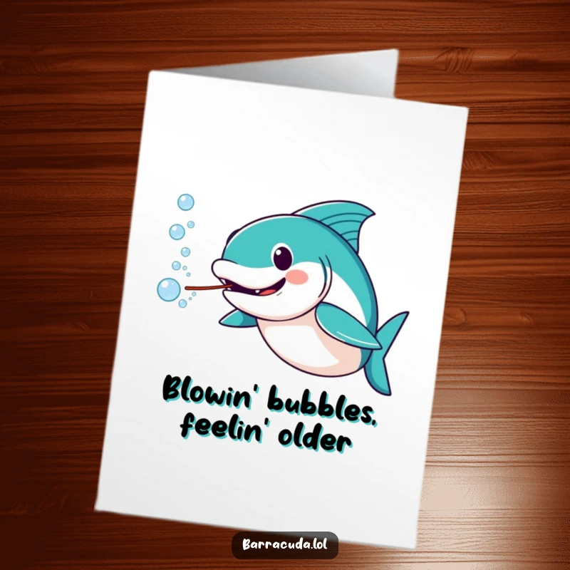Funny Free Printable Birthday Card: Amused barracuda joyfully blowing a stream of water bubbles, wishing a happy birthday.