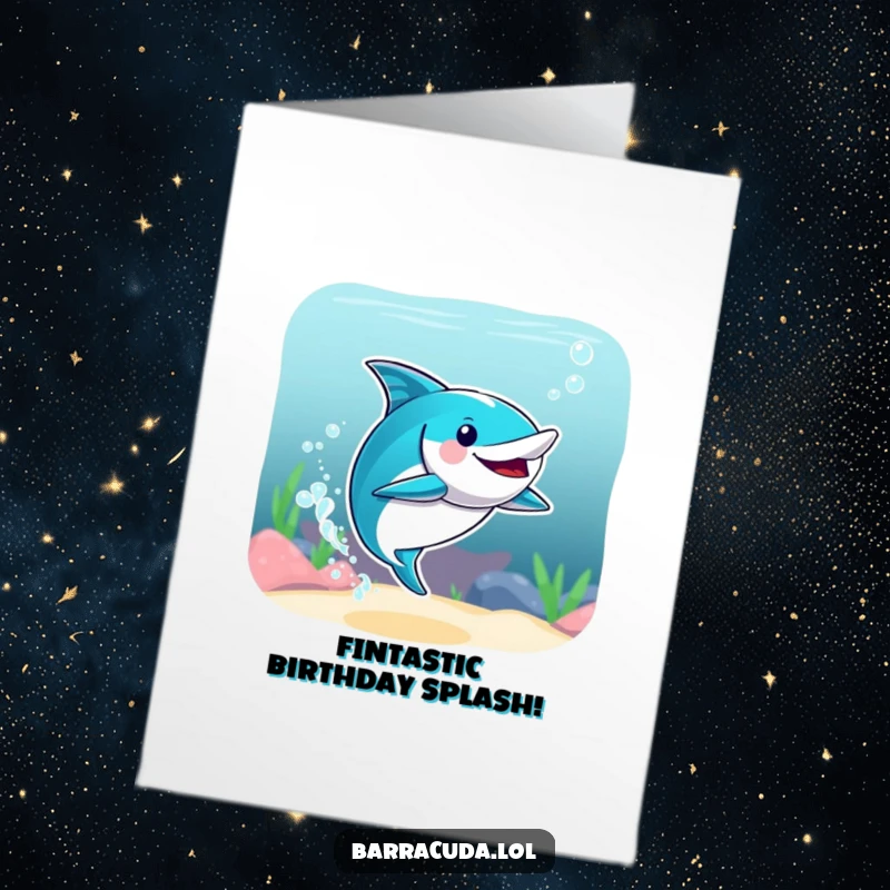 Funny Free Printable Birthday Card: Energetic barracuda in a synchronized swimming splash pose, perfect for a laugh.