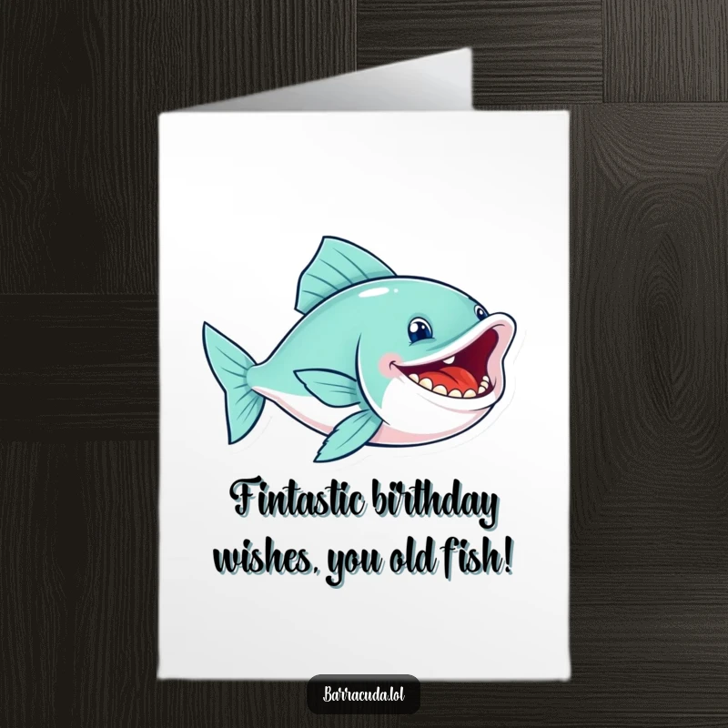 Funny Free Printable Birthday Card: Sleek fish with wide toothy grin swimming happily, perfect for LOL moments.
