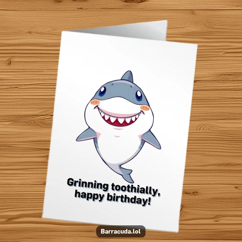 Funny Free Printable Birthday Card: Kawaii barracuda with one huge tooth grins widely, spreading birthday cheer.