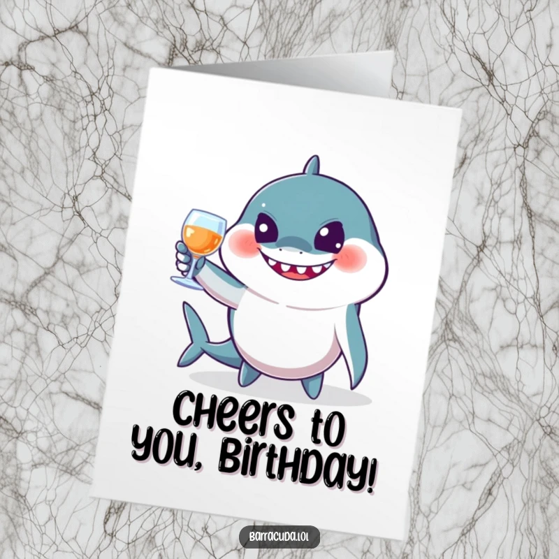 Funny Free Printable Birthday Card: A barracuda with a jovial expression tips invisible glasses in a celebratory toast.