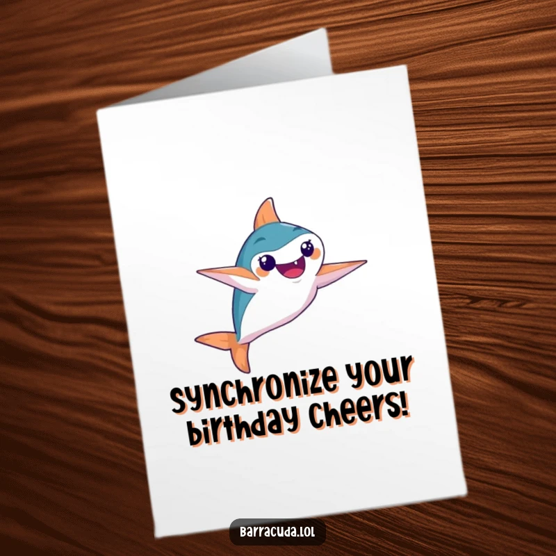 Funny Free Printable Birthday Card: Barracuda performing a graceful synchronized swimming move with dramatic flair, celebrating in style.