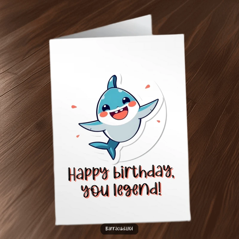 Funny free printable birthday card showing a very happy kawaii barracuda joyfully spinning in a circle, radiating pure delight, downloadable.