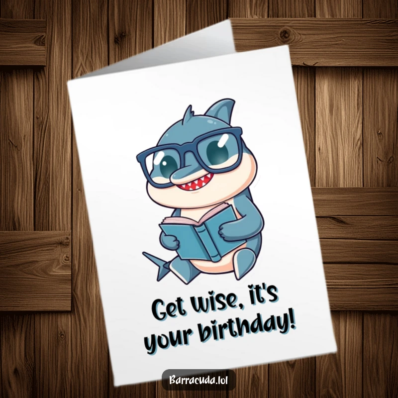 Funny Free Printable Birthday Card: Barracuda in oversized glasses intently reading a small book, a scholarly chuckle.