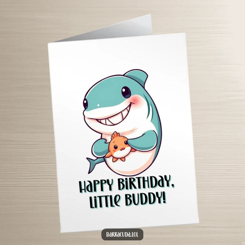 Funny Free Printable Birthday Card: Big-grinned barracuda holding a tiny, shy fish friend protectively.