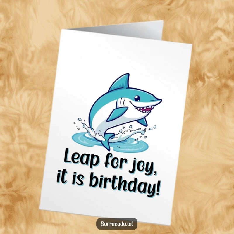 Funny Free Printable Birthday Card: Tiny kawaii barracuda leaping joyfully from water with a big splash.