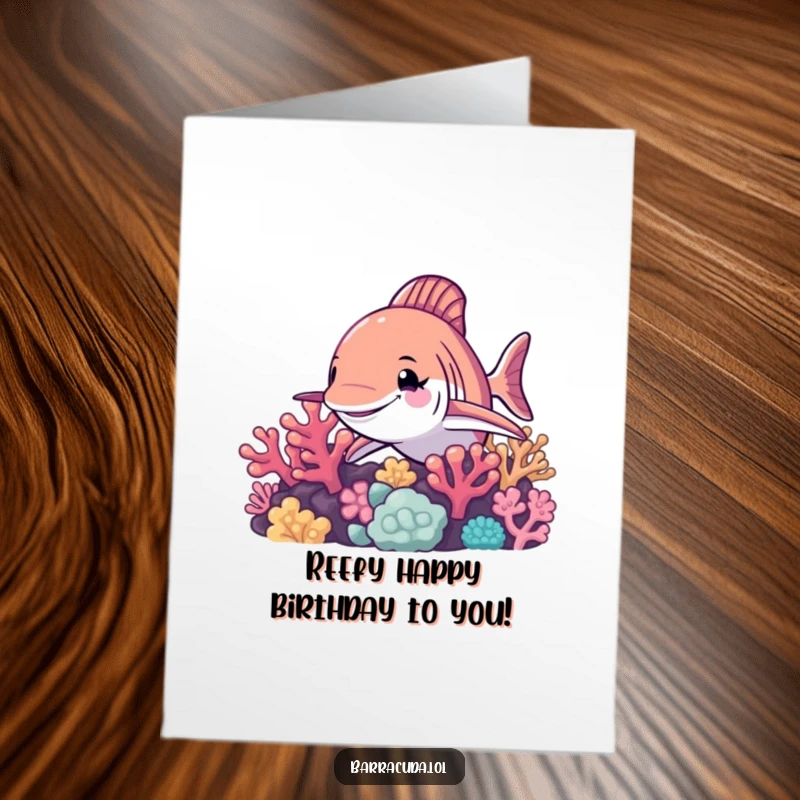 Funny Free Printable Barracuda Wink Birthday Card, a cheeky fish peeking from coral, perfect for a downloadable DIY gift.