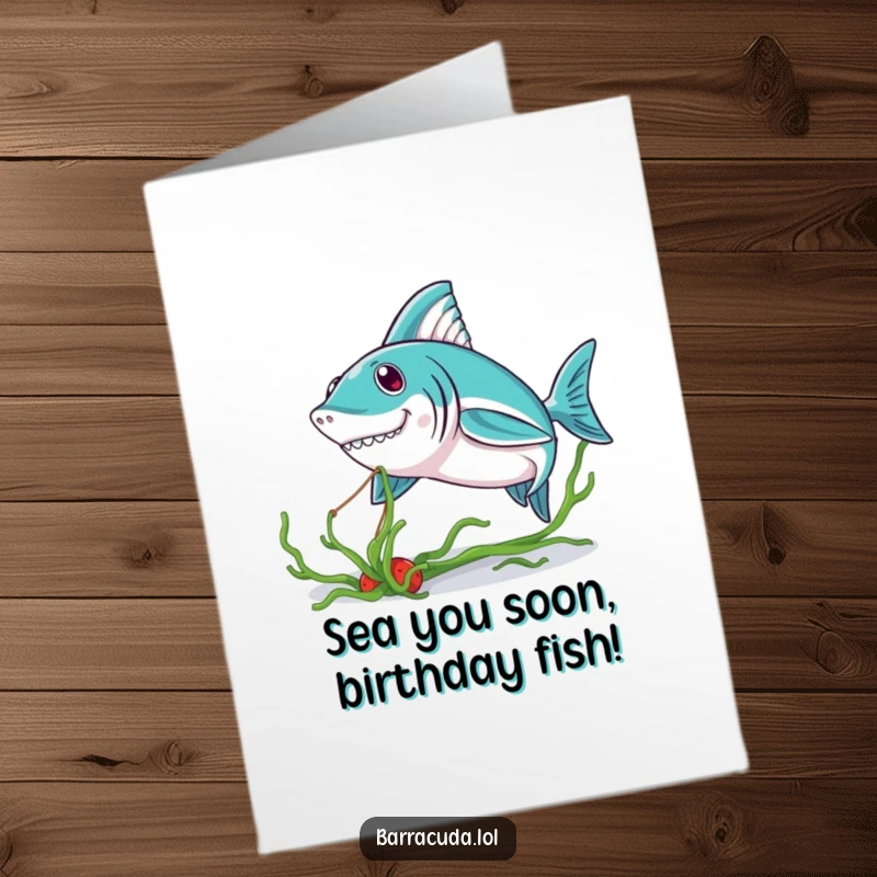 Funny Free Printable Birthday Card featuring a kawaii barracuda playfully tugging on a strand of seaweed, perfect for a laugh.