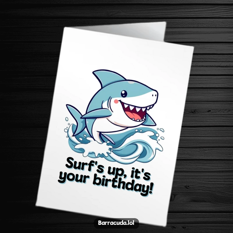 Funny Free Printable Birthday Card: Energetic kawaii barracuda character happily zipping through stylized ocean waves.