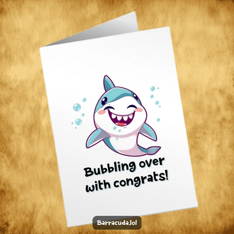 Funny Free Printable Congrats Card: Kawaii barracuda laughs heartily, exhaling a stream of tiny, cheerful bubbles.