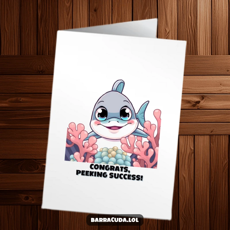 Funny Free Printable Congratulations Card: A barracuda with large, curious eyes peeks out from behind coral.