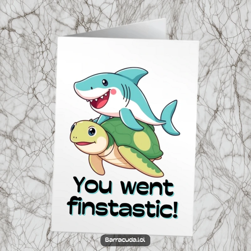 Funny Free Printable Congrats Card: Barracuda gleefully rides a sea turtle, celebrating a big win.
