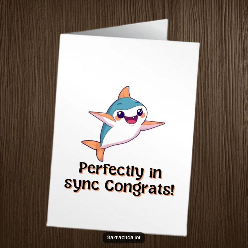 Funny Free Printable Congratulations Card: Barracuda executing a synchronized swimming routine with artistic flair, celebrating achievement.