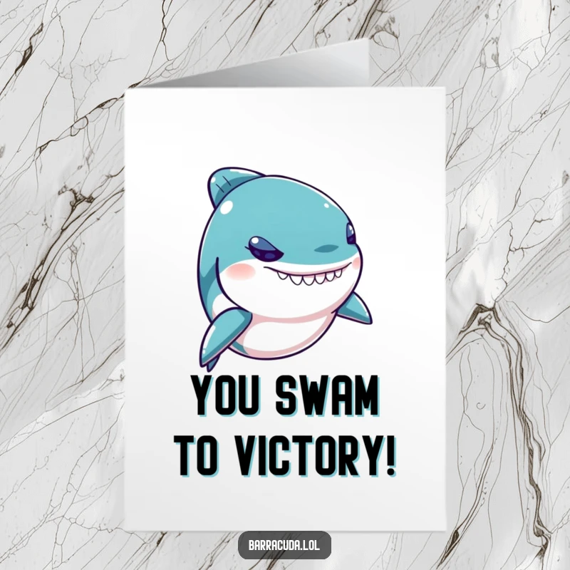 Funny Free Printable Congratulations Card: Kawaii Barracuda Winking Playfully, Celebrating Your Big Win with Joy