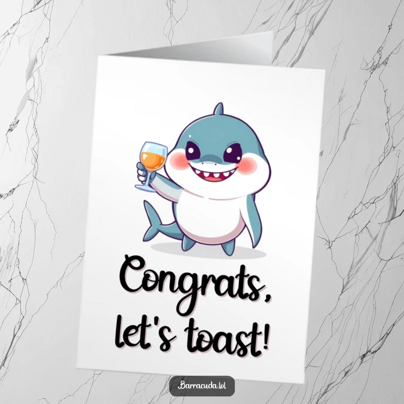 Funny Free Printable Congratulations Card: A barracuda beams with a jovial expression while tipping imaginary glasses.