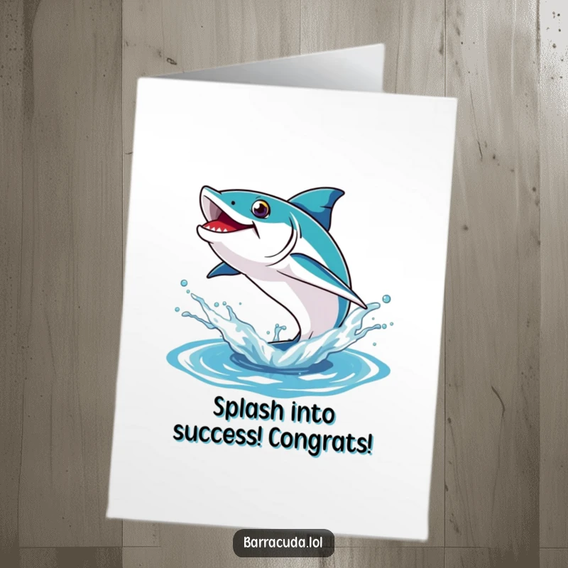 Funny Free Printable Congratulations Card: Barracuda making a playful leap from a water splash, celebrating with excitement.