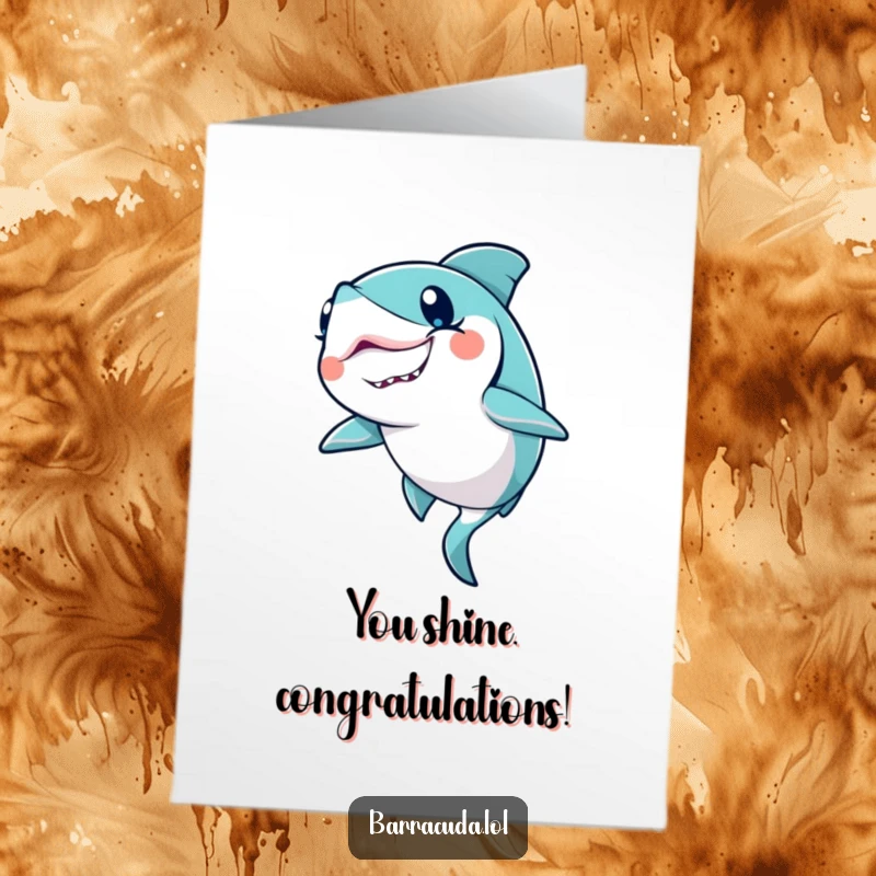 Funny Free Printable Congratulations Card: a kawaii barracuda winks, leaving a magical glitter trail signifying achievement.