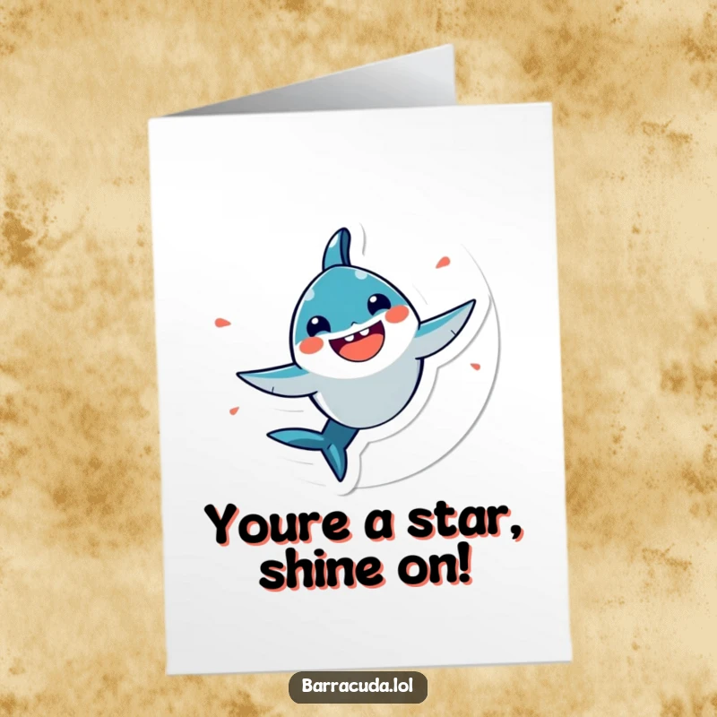 Funny free printable congratulations card featuring a kawaii barracuda spinning happily, radiating pure joy and excitement, printable celebration.
