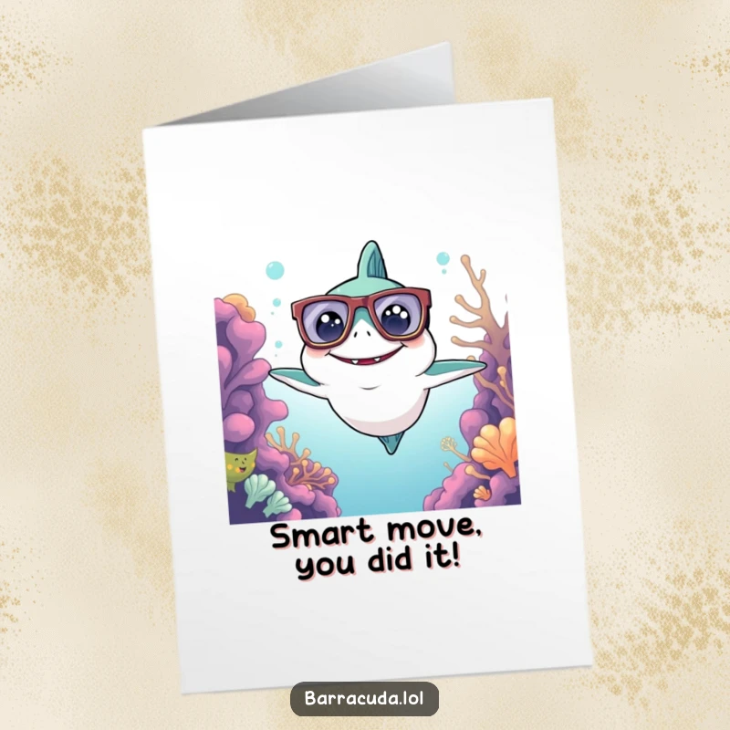 Funny Free Printable Congratulations Card: a kawaii barracuda in oversized glasses marveling at the reef.
