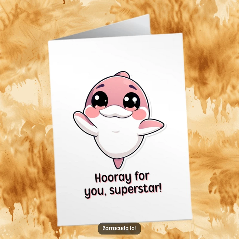 Funny free printable congratulations card featuring a kawaii barracuda with innocent eyes offering a welcoming wave, printable cheer.