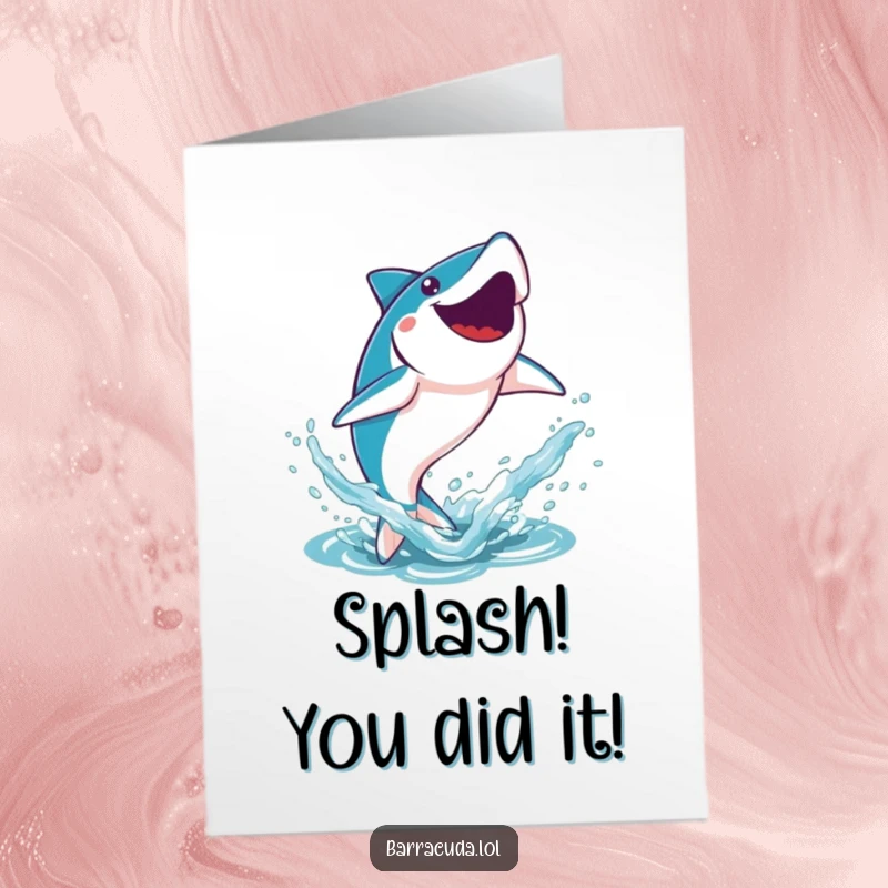 Funny Free Printable Congratulations Card: a kawaii barracuda leaping out of the water in a joyful, splashing celebration.
