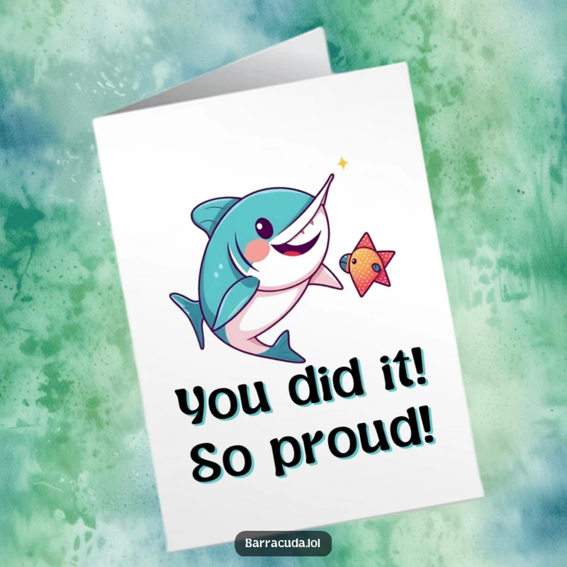 Funny free printable congratulations card showing a gleeful kawaii barracuda pursuing a shimmering fish, a downloadable celebration.