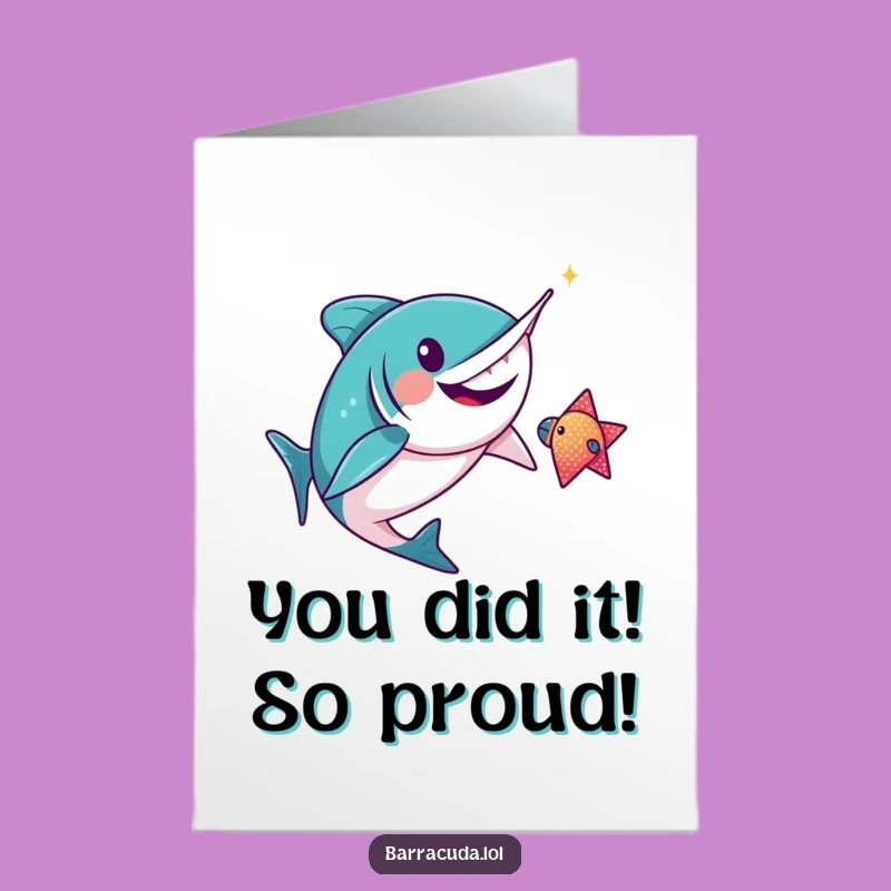 Free Printable Kawaii Barracuda Congrats Card: Funny Fish Chase Download