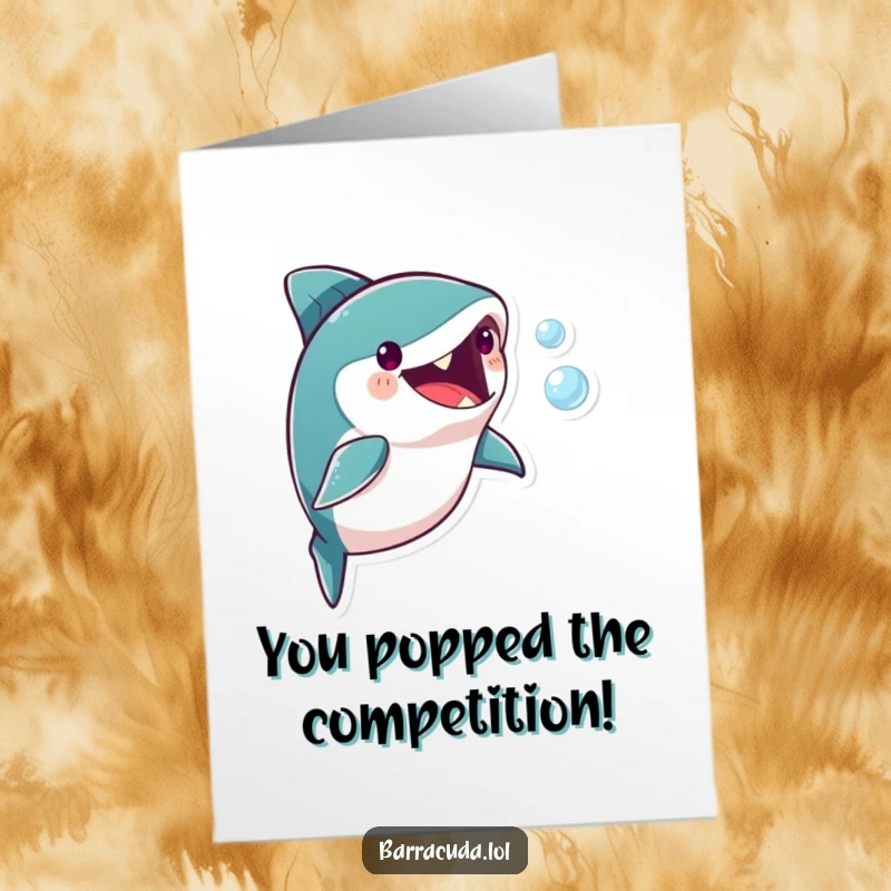 Funny Free Printable Congratulations Card: Amusing barracuda character excitedly chasing a bubble, celebrating a big win.