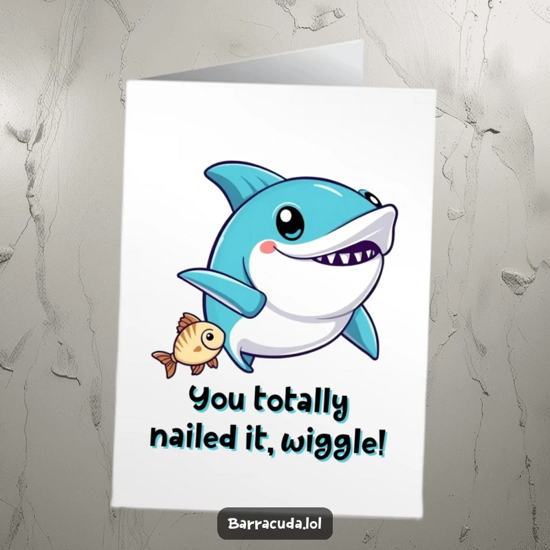 Funny Free Printable Congratulations Card: a kawaii barracuda celebrating a fish catch with an ecstatic wiggle.